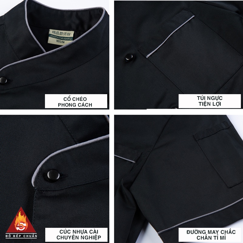 ÁO BẾP NGẮN TAY CT066, ĐỒNG PHỤC BẾP MÀU ĐEN HÀNG KHÁCH SẠN