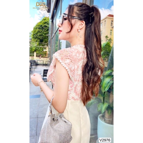 V2976 váy ren dáng chữ A màu hồng và màu be sữa