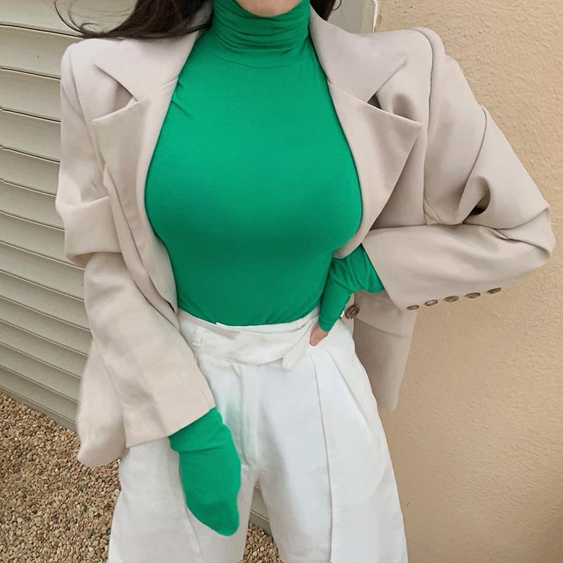 Áo thun COZOK dài tay cổ lọ màu sắc đơn giản cho nữ