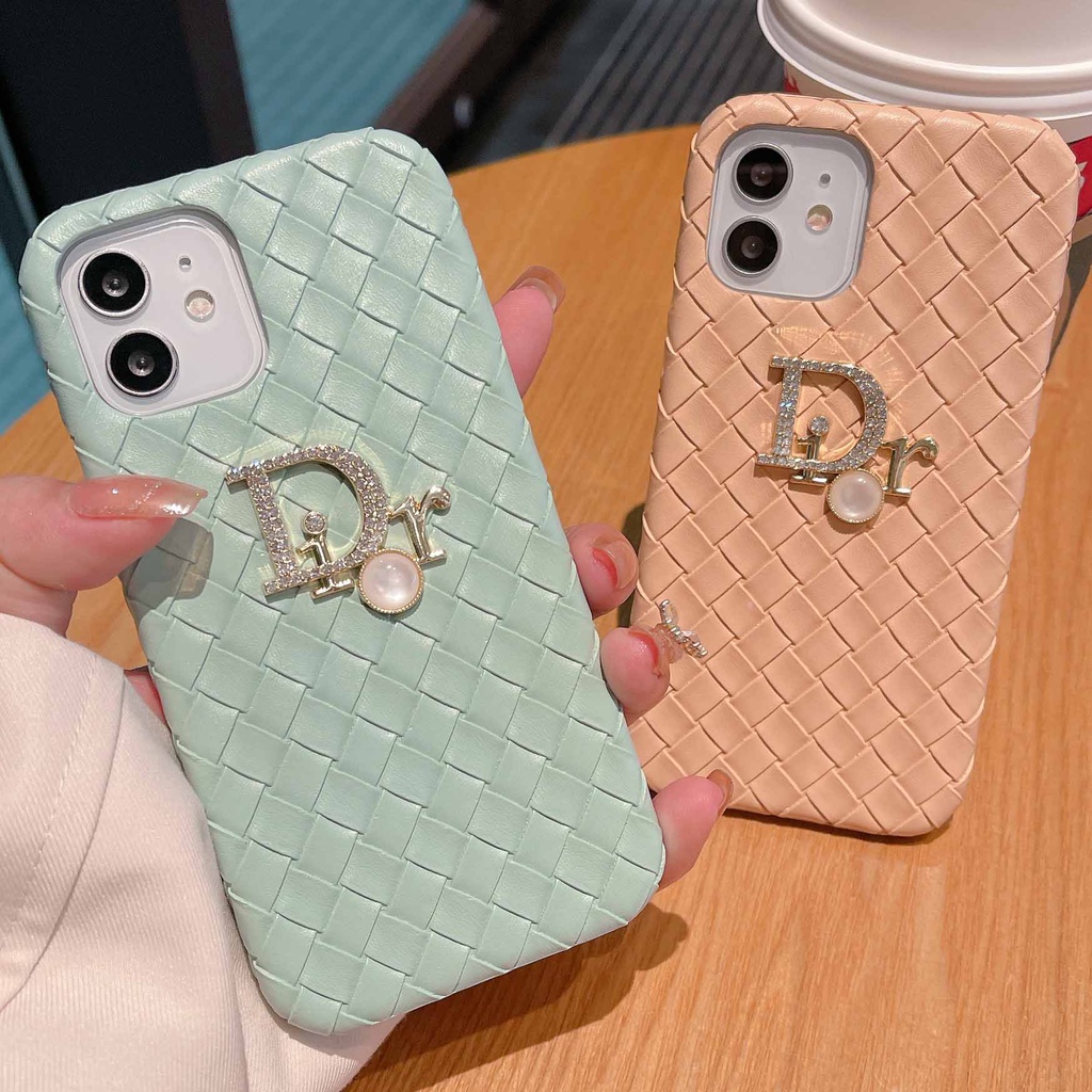 Ốp Điện Thoại Da Cứng Kiểu Dệt Đính Pha Lê Nhiều Màu Sang Trọng Cho iPhone14Max 13promax 12 11 xsmax xr xs 7P