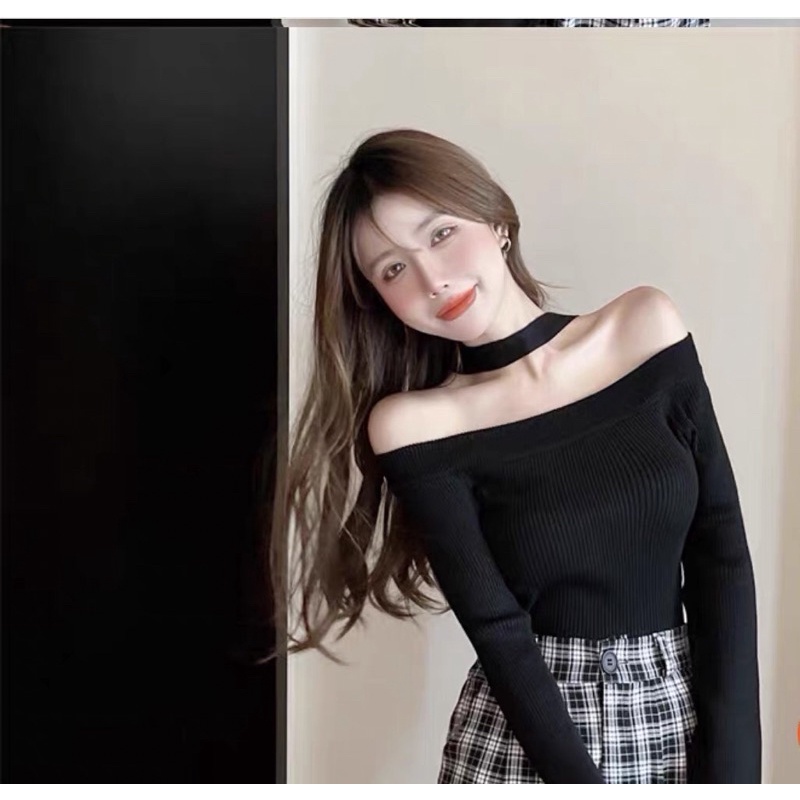 Áo len nữ trễ vai mặc được 2 kiểu cực xinh phong cách ulzzang Hàn Quốc