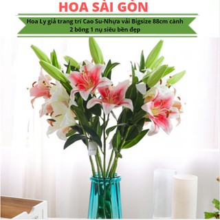 Hoa Ly giả trang trí Cao Su-Nhựa vải Bigsize 88cm cành 2 bông 1 nụ siêu bền đẹp