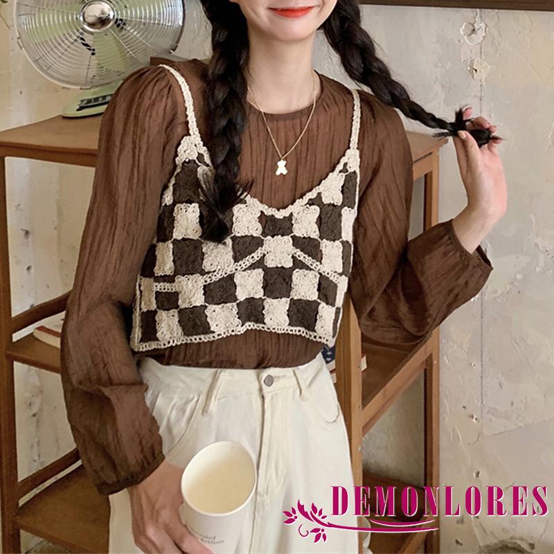 Áo croptop hai dây dệt kim họa tiết sọc caro thời trang quyến rũ dành cho nữ