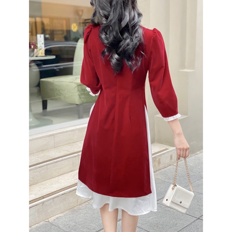 SET Áo dài đỏ nhung cổ bèo kèm chân váy lụa mềm trắng | BigBuy360 - bigbuy360.vn