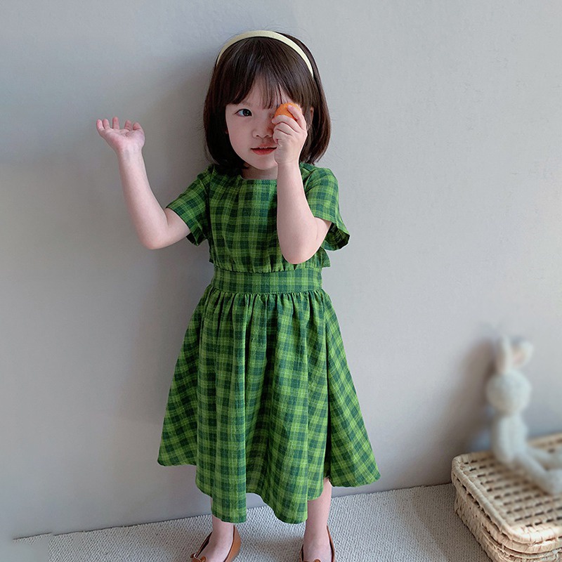 Đầm Công Chúa Tay Ngắn Cổ Tròn Họa Tiết Sọc Caro Màu Xanh Lá Phong Cách Hàn Quốc Thời Trang Mùa Hè Cho Bé Gái