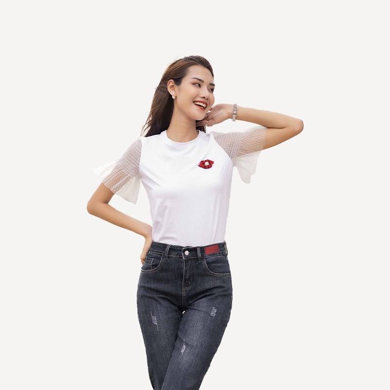 Áo T shirt trắng tay phối ren chạy smocking xếp nhúm cửa tay Toson AP019W81