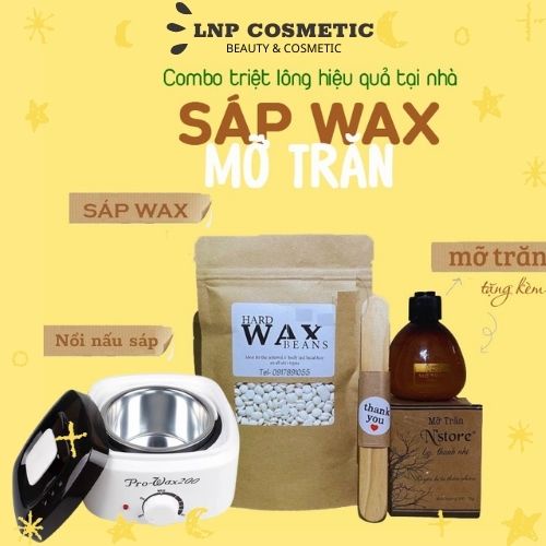 Combo triệt lông sáp wax nóng, nồi nấu sáp pro wax chống dính tặng mỡ trăn nguyên chất