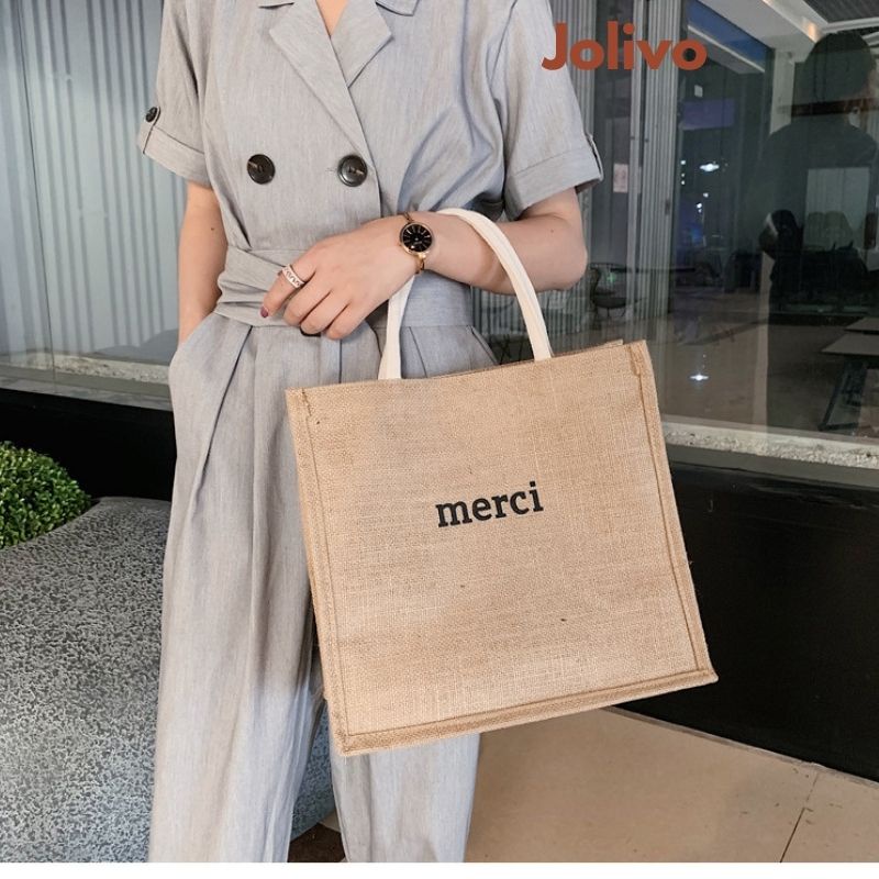 Túi cói MERCI size lớn giá rẻ đi du lịch tiện lợi JOLIVO SF339