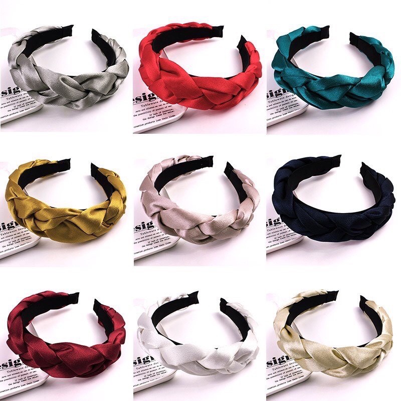 Bờm tóc tết vải lụa satin băng đô thắt bím bản to dịu dàng