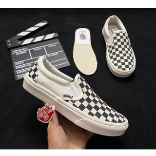 Giày nam nữ vans classic lười không dây, vans caro đen trắng full box bill