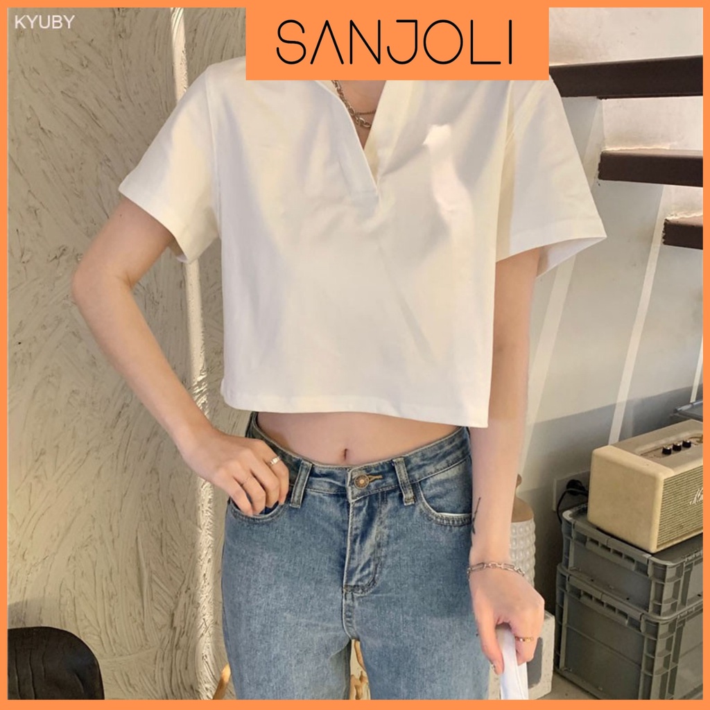 Áo Crt Nữ SANJOLI Croptop Tay Ngắn Cổ Polo Ôm Body Hở Bụng Sexy Cá Tính Đi Chơi  AO018