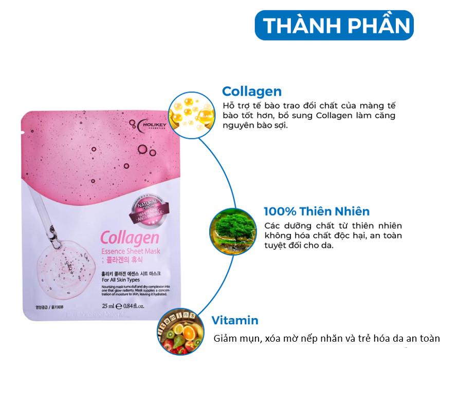 Hộp 10 Túi Mặt nạ giấy - Mặt nạ collagen dưỡng trắng da chiết xuất từ Collagen làm căng &amp; trắng da Holikey Hàn Quốc