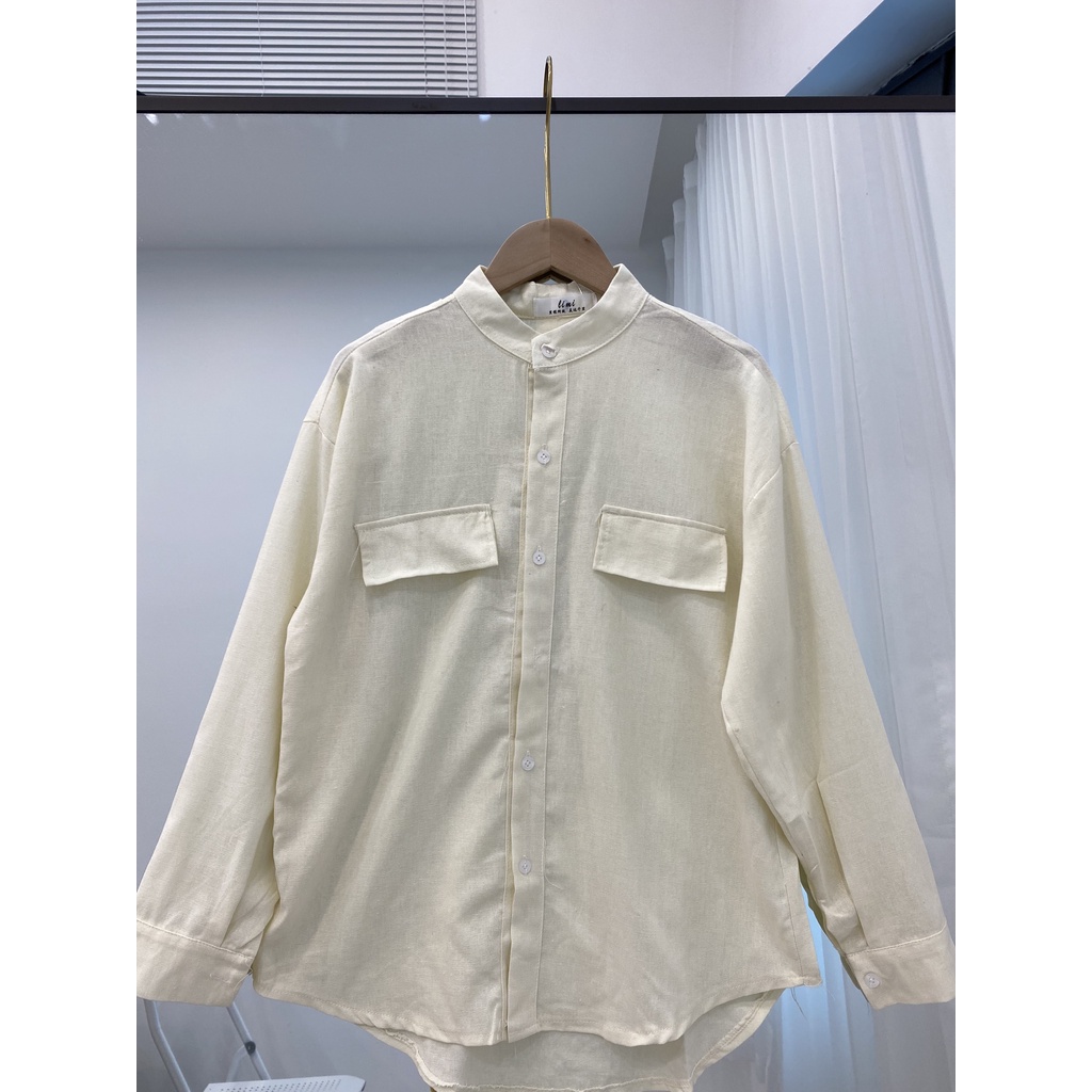 Áo sơ mi cổ tàu ba màu chất thô linen- Miho house