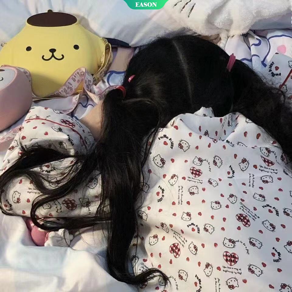 Bộ Đồ Ngủ Tay Dài In Hoạt Hình Mèo Hello Kitty Xinh Xắn Thời Trang Xuân Thu Cho Nữ