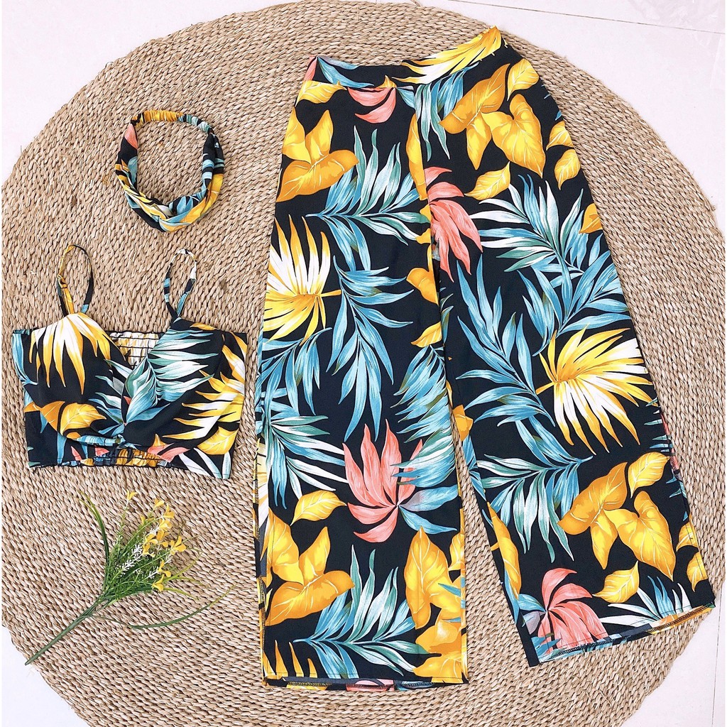 Set bộ đồ đi biển vải lanh họa tiết hoa lá chấm bi 3 chi tiết siêu rẻ Bikini191