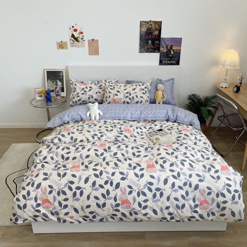 Set Bộ Vỏ Chăn Ga Gối Cotton Poly Thỏ Và Lá, Chất Vải Đanh Mát _shinbedding