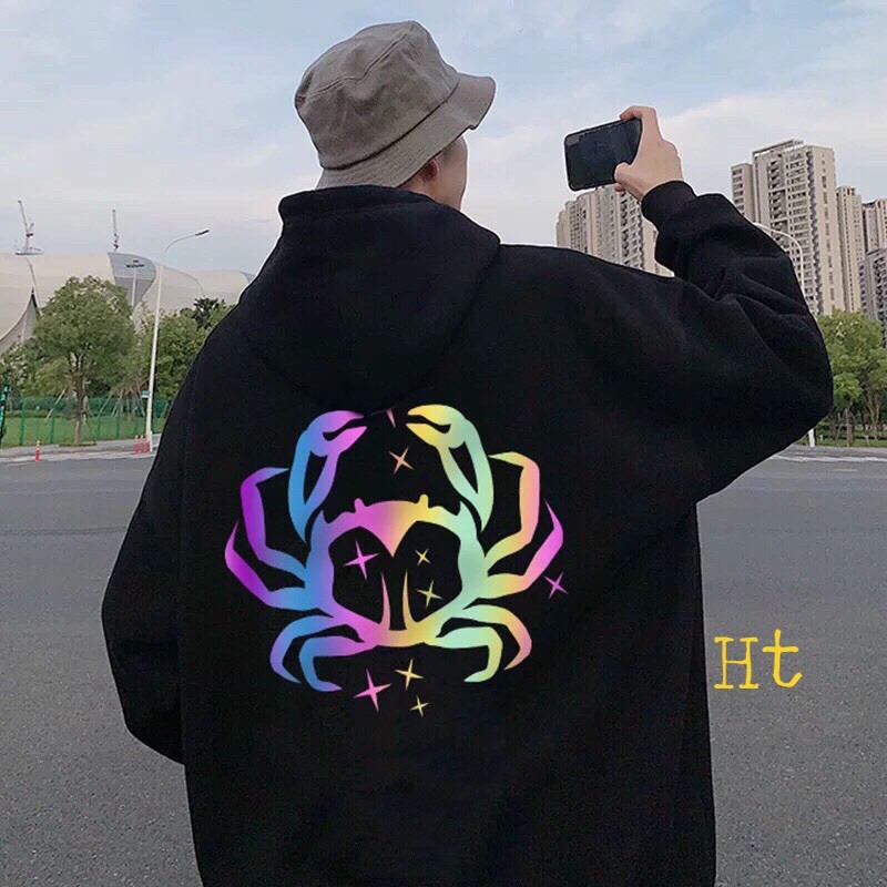 áo hoodie nỉ mũ phản quang 7 màu in cung Cự giải cua in 2 mặt