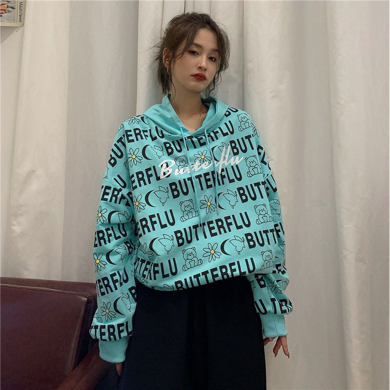 Áo Hoodie Tay Dài Form Rộng Họa Tiết In Hợp Thời Trang