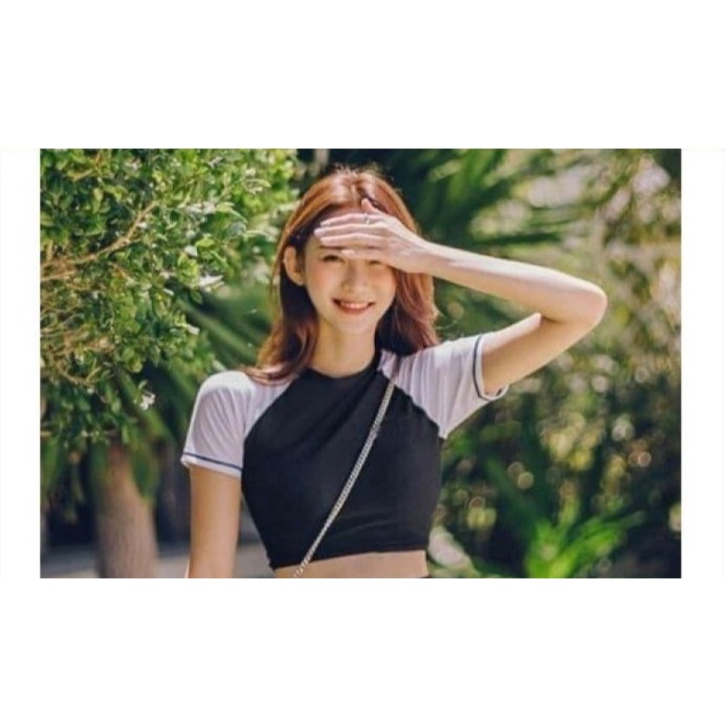 Đồ bơi bikini nữ kín đáo áo croptop đen tay ngắn phối chân váy HM49VA