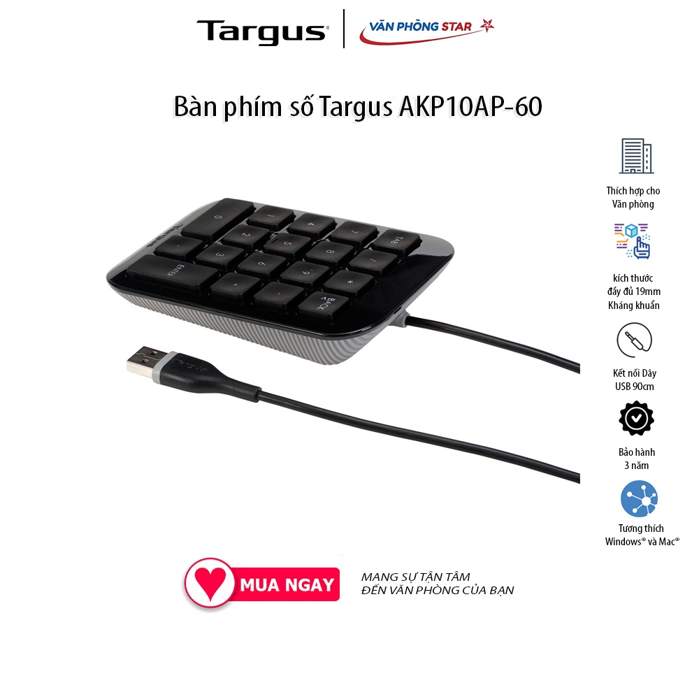 Bàn phím số Targus AKP10 Màu đen Kết nốiUSB Độ nghiêng công thái học Tương thích với Windows và Mac bảo hành 3 năm