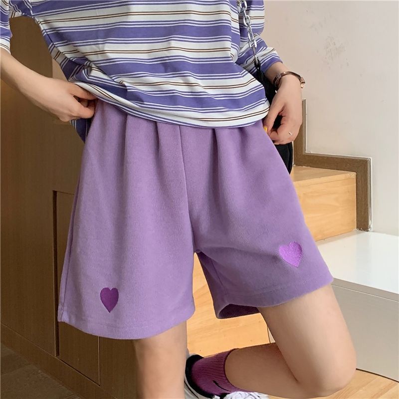 Quần short IELGY lưng cao ống rộng thêu họa tiết trái tim phong cách Hàn Quốc thời trang dành cho nữ