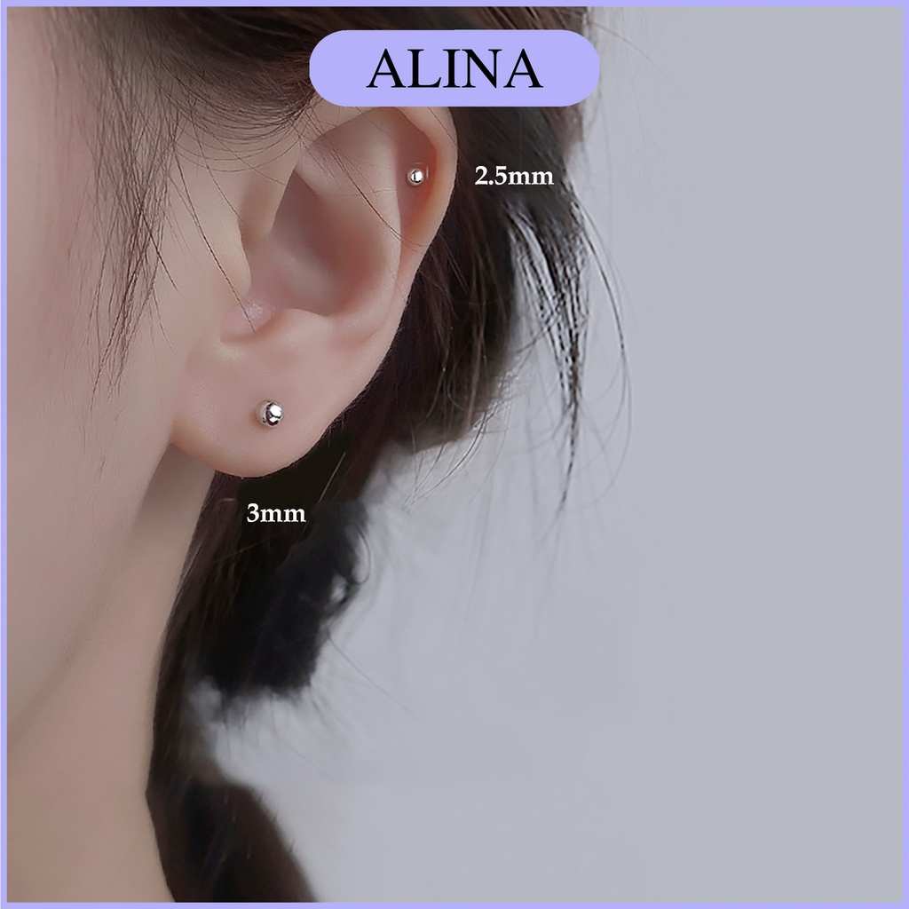Bông Tai Bạc 925 Bi Tròn Không Đá Đơn Giản Khuyên Nụ Đeo Vành Tai Alina 0408
