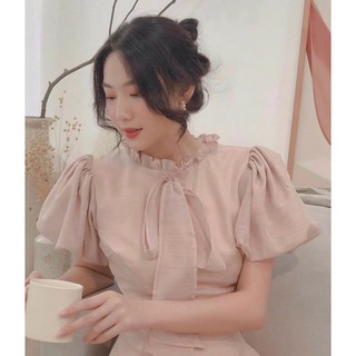 Đầm Hồng Tay Phồng Cột Nơ