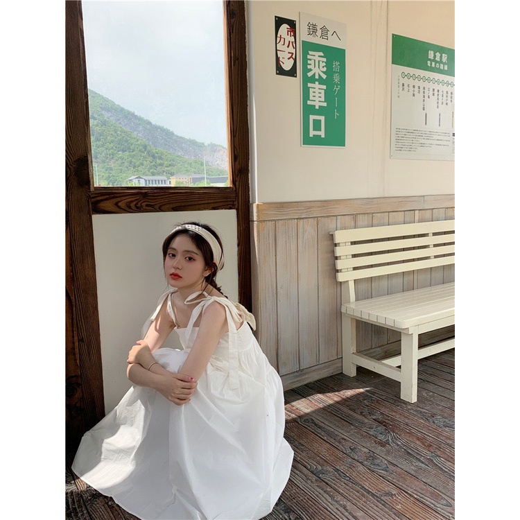 Đầm 2 dây dáng dài buộc nơ vai xinh xắn mặc đi chơi, du lịch/ Váy maxi cổ vuông 2 màu xanh, trắng thời trang hàn quốc