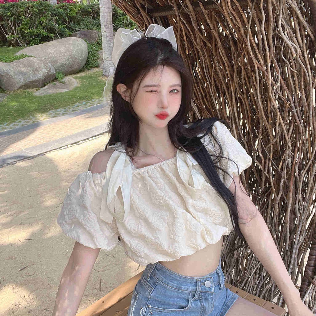 Áo Thun Tay Phồng Dáng Rộng Thiết Kế Cột Dây Thời Trang Mùa Hè Mới Cho Nữ