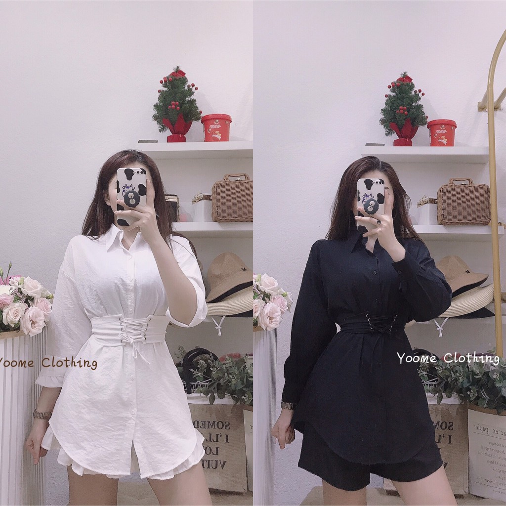 Set sơ mi kèm đai đan dây chất bol mềm dày dặn cho nữ Yoomeclothing [ ảnh thật tại shop]