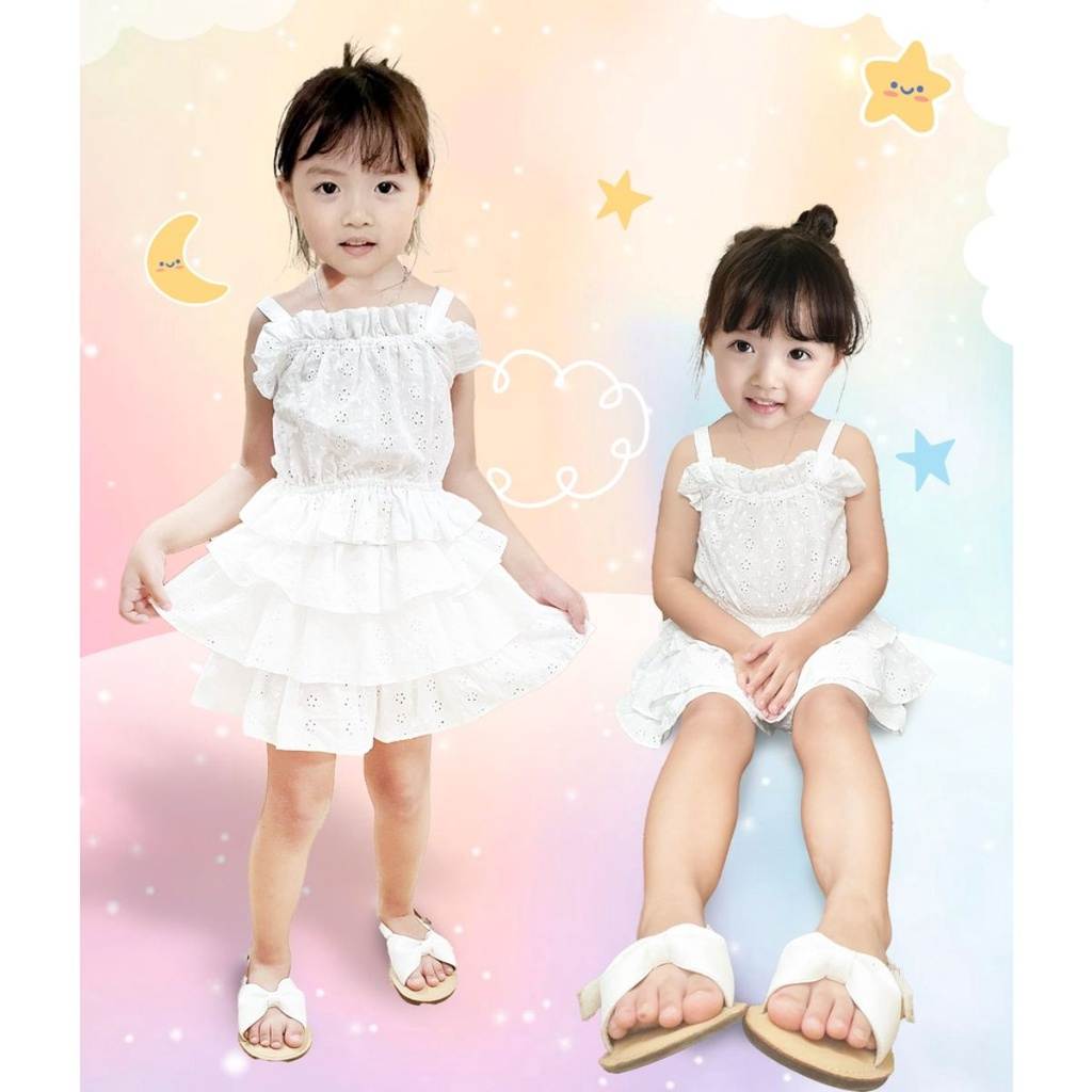 Set áo hai dây kèm quần váy 3 tầng ren lỗ MiniCloset made in Korea thoáng mát cho bé gái 1 2 3 4 5 6 7 tuổi Hàn Quốc