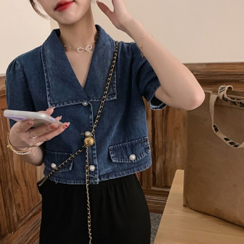 IMAODOUÁo denim tay ngắn kiểu retro Hàn Quốc thiết kế đơn giản dễ phối đồ cho nữ