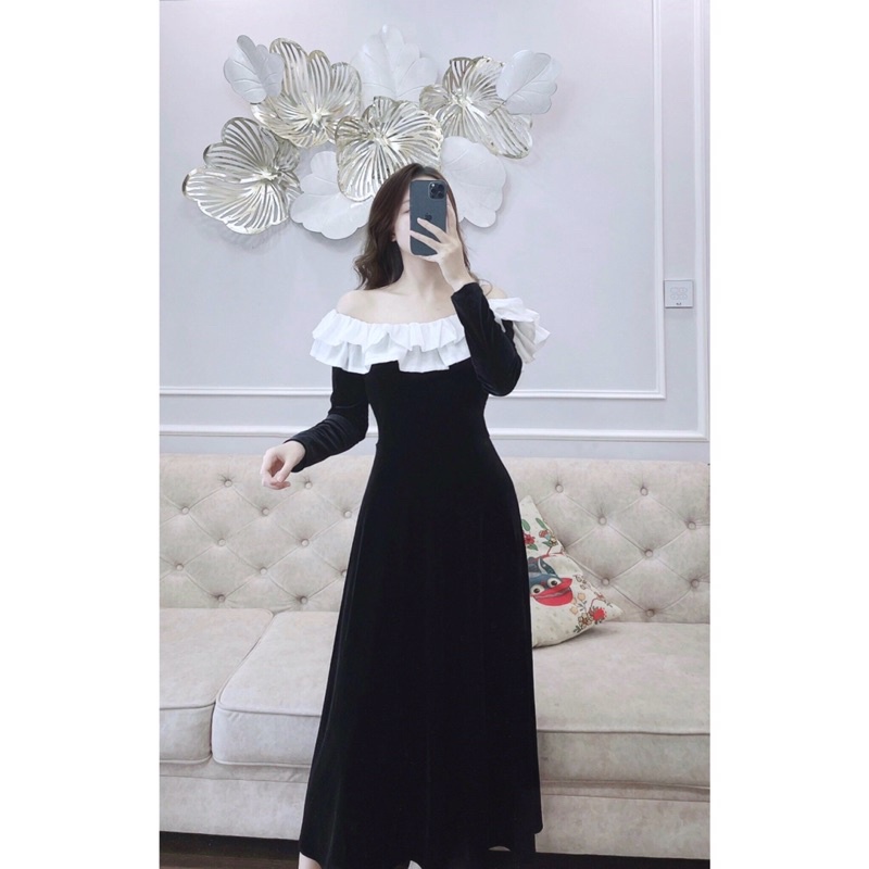 Váy nhung bèo ngang vai ZARA (Hàng cao cấp + Ảnh thật + Video)