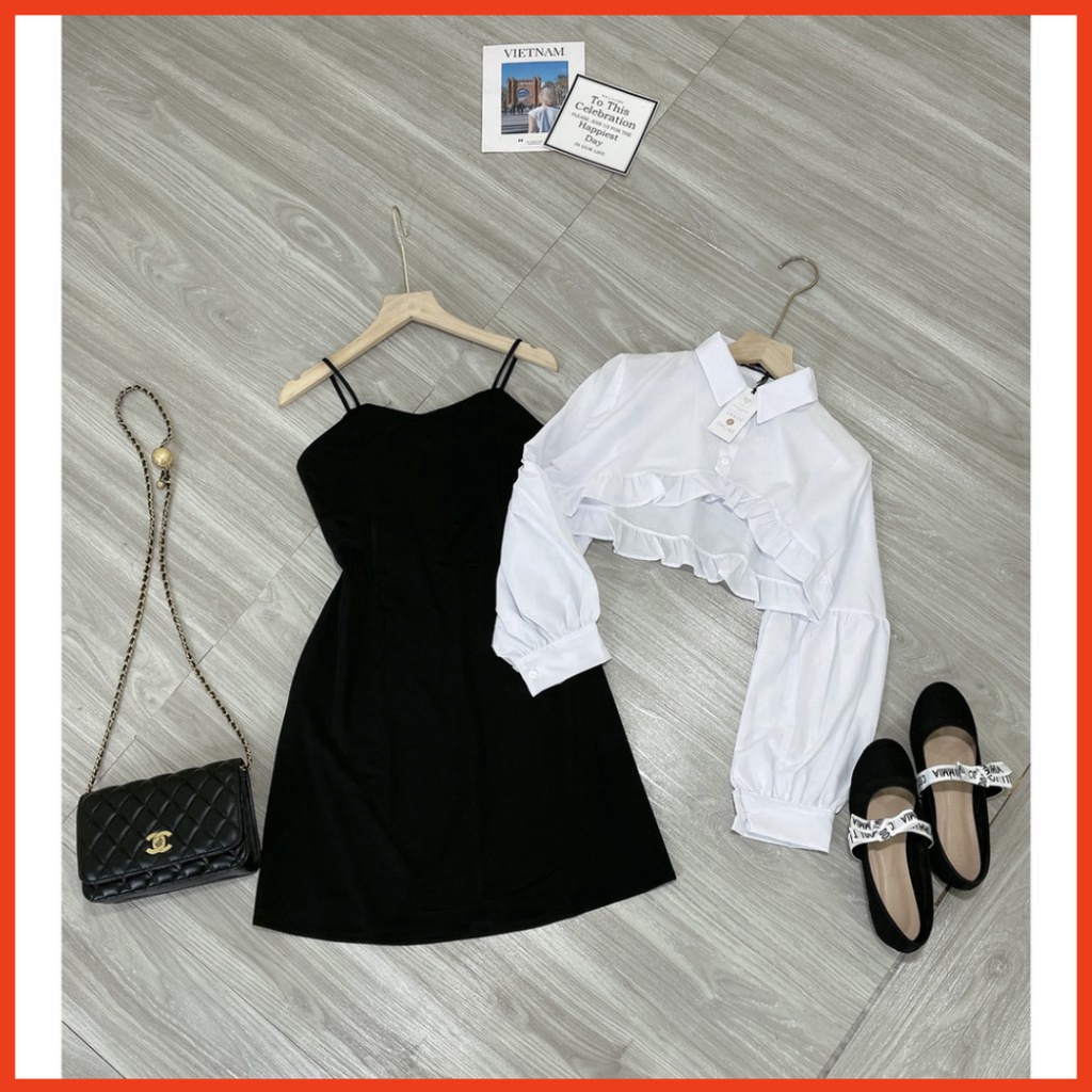 Set Jenni Áo Sơ Mi Croptop Nửa Ngực Mix Váy 2 Dây body 🦋 FREESHIP🦋Set áo tay bồng dài tay trắng kèm váy