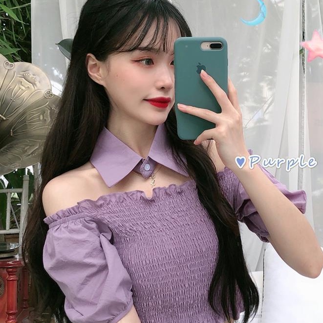 Áo Sơ Mi Tay Ngắn Phồng Trễ Vai Màu Tím Phong Cách Hàn Quốc Thời Trang Mùa Hè Mới Cho Nữ