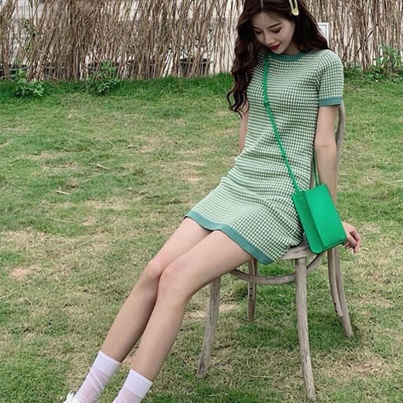 Đầm Dệt Kim Sọc Ca Rô Màu Xanh Bơ Phong Cách Pháp Xinh Xắn Cho Nữ