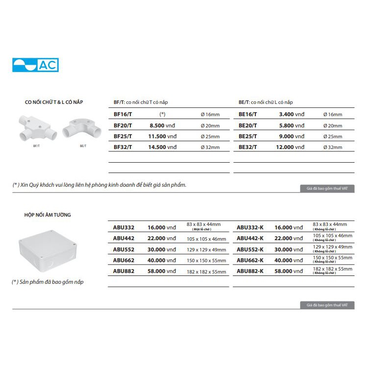 Phụ kiện ống: Co nối chữ T có nắp AC BF/T (bán theo gói phi 20: gói 20 cái; phi 25 đến 32: gói 10 cái)