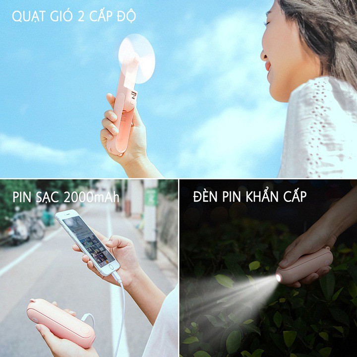 Quạt Tai Gấu Mini Cầm Tay Tích Hợp Sạc Dự Phòng 2000mAh Và Đèn Pin Siêu Sáng | BigBuy360 - bigbuy360.vn