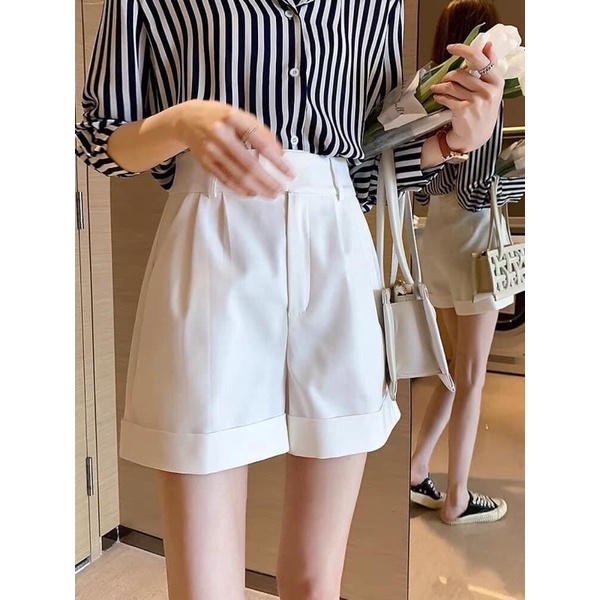 [Ảnh thật/Video]Quần sooc vải hai cúc ngang chun sau thiết kế gập gấu Hàn Quốc