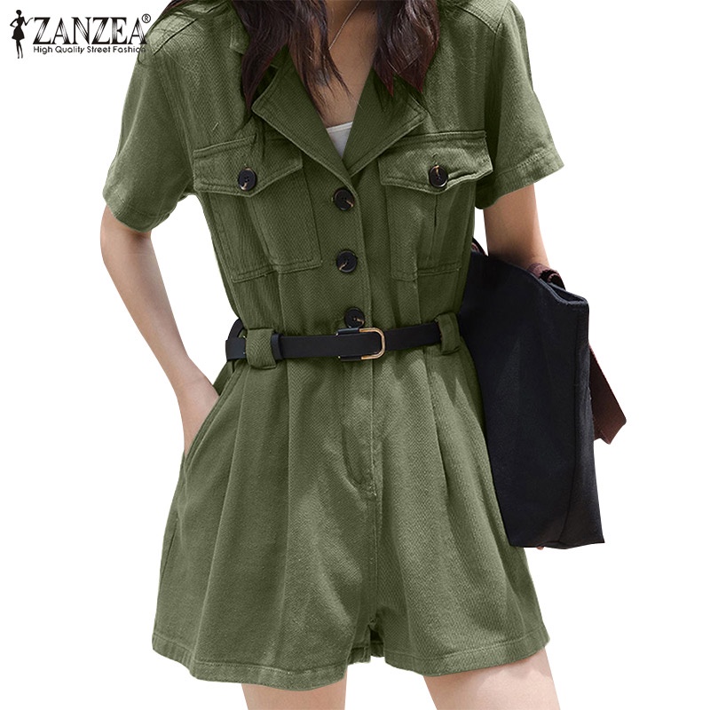 Áo liền quần ZANZEA thiết kế ngắn tay cổ bẻ cài nút trước thời trang cho nữ