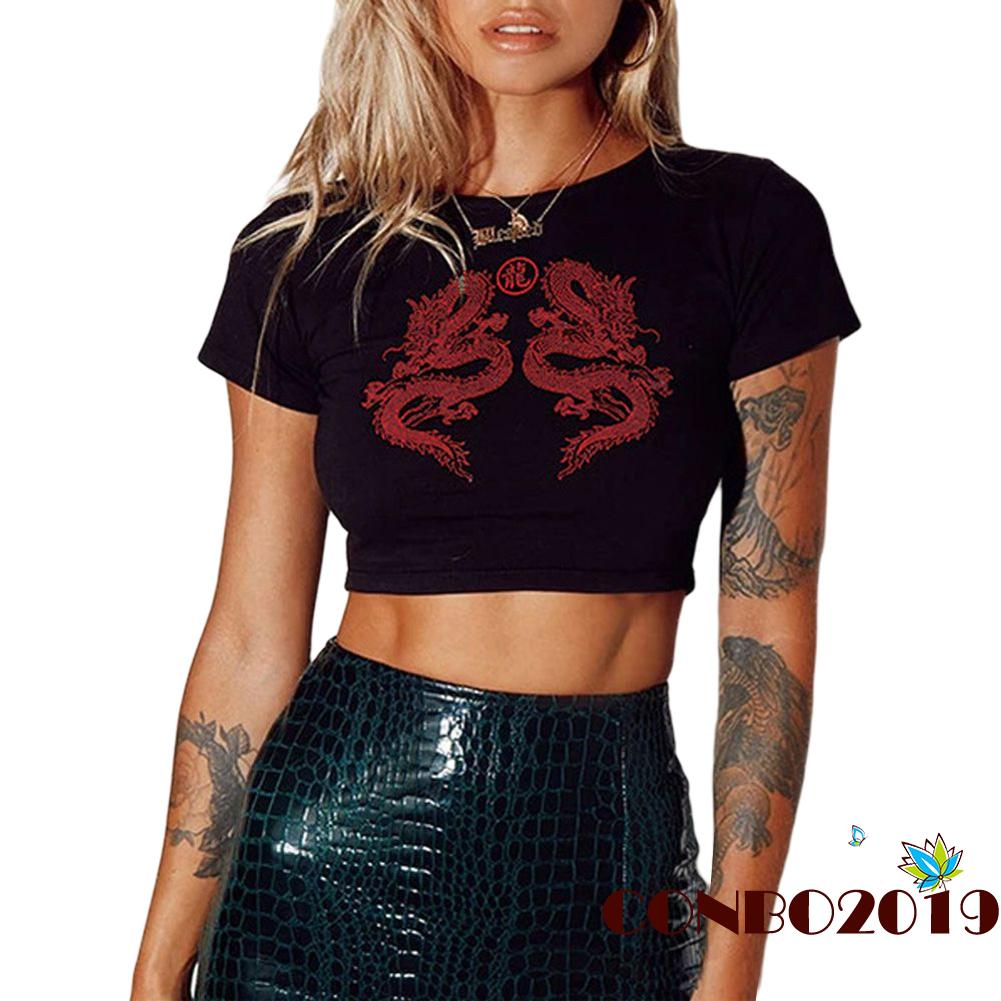 Áo Croptop Ngắn Tay In Họa Tiết Rồng Cá Tính Dành Cho Nữ