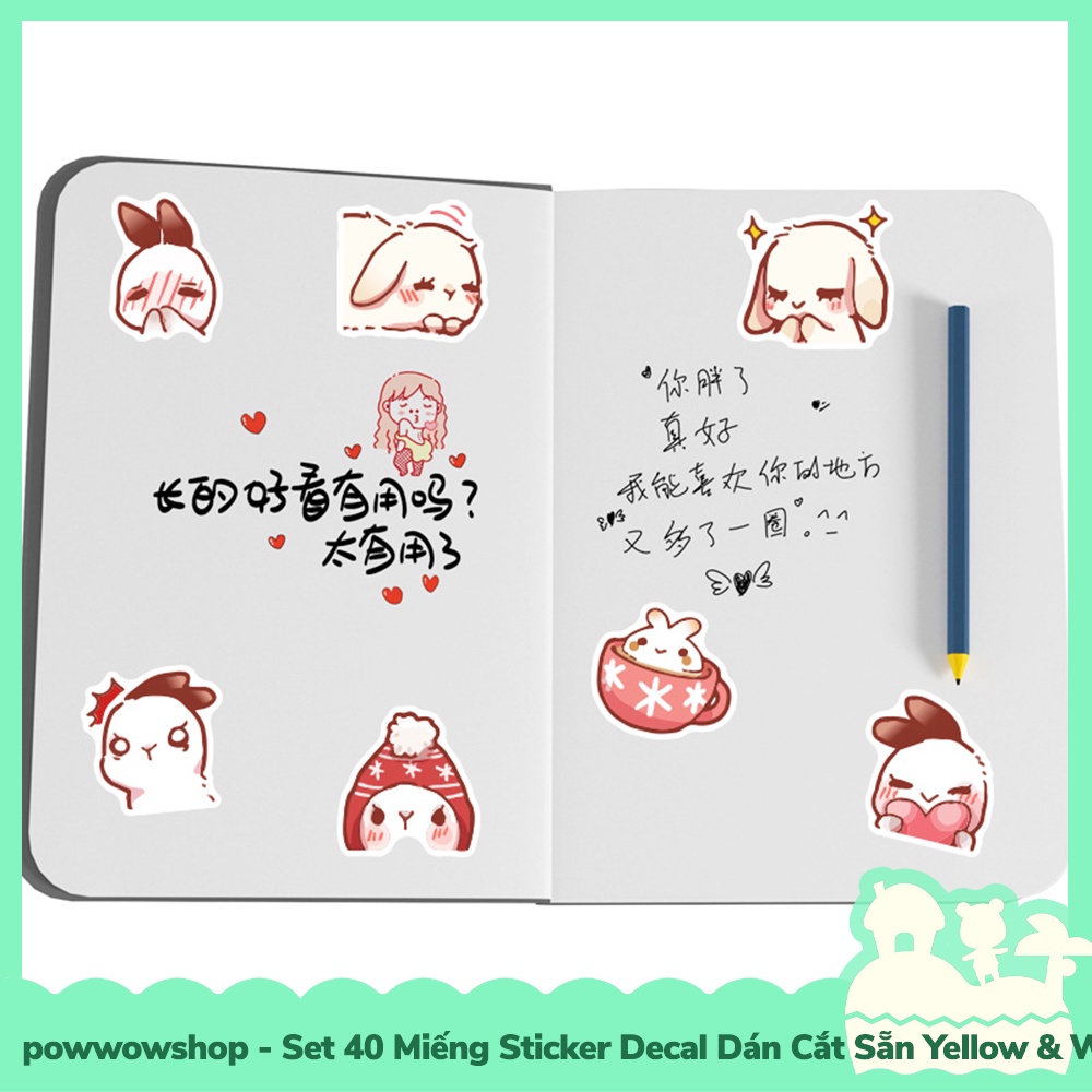 [Sẵn VN - Hỏa Tốc] Set 40 Miếng Sticker Decal Cắt Sẵn DIY Dán Trang Trí Vật Dụng Mẫu Yellow &amp; White Rabbit Cute Momment