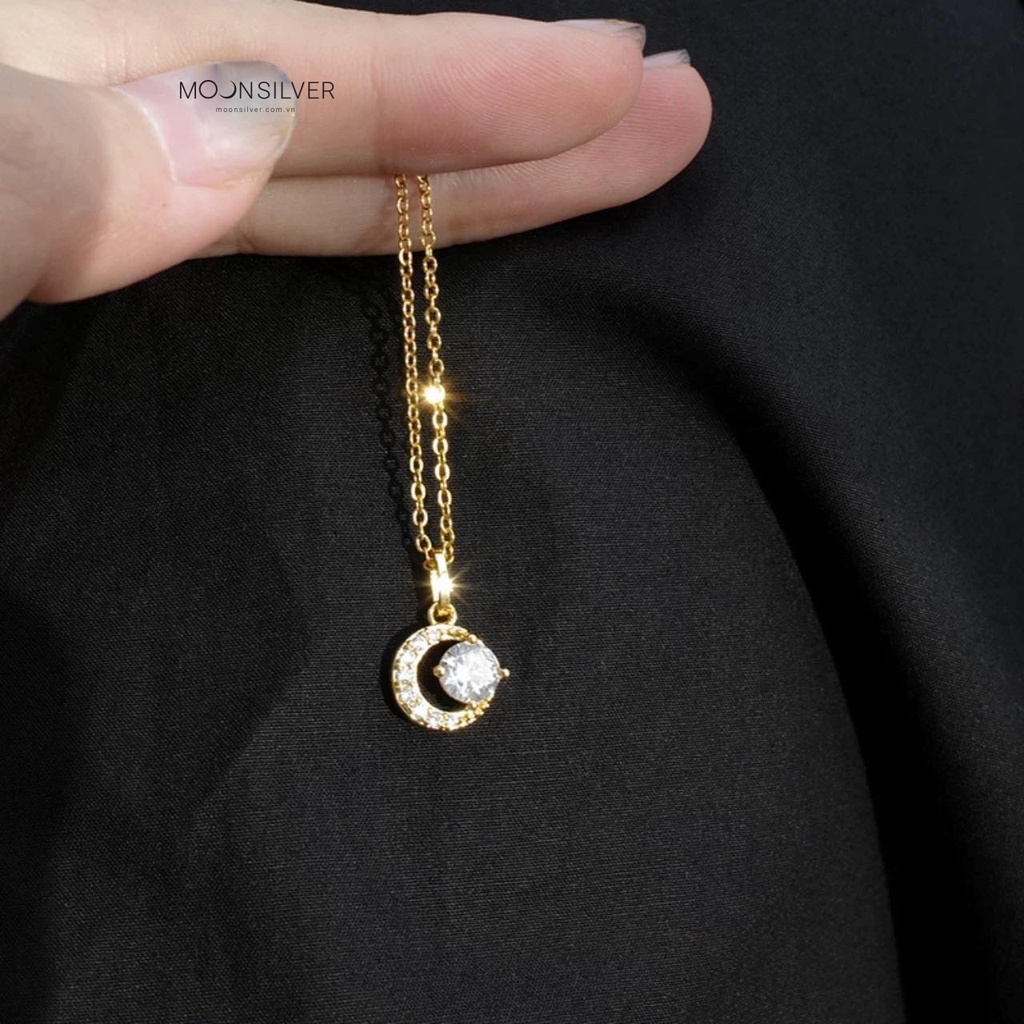 Vòng cổ bạc mạ vàng 14k Moonsilver, dây chuyền nữ đính đá Mystery Moon