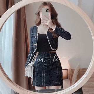 Set 3 món dạ khoác crop tay dài + áo 2s + chân váy