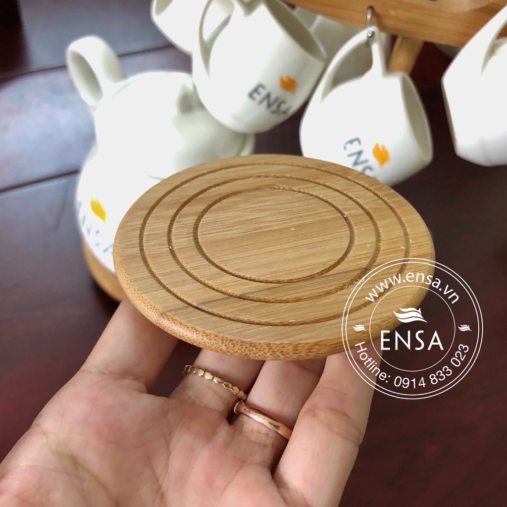 Bộ ấm chén giá tre + đĩa tre cao cấp