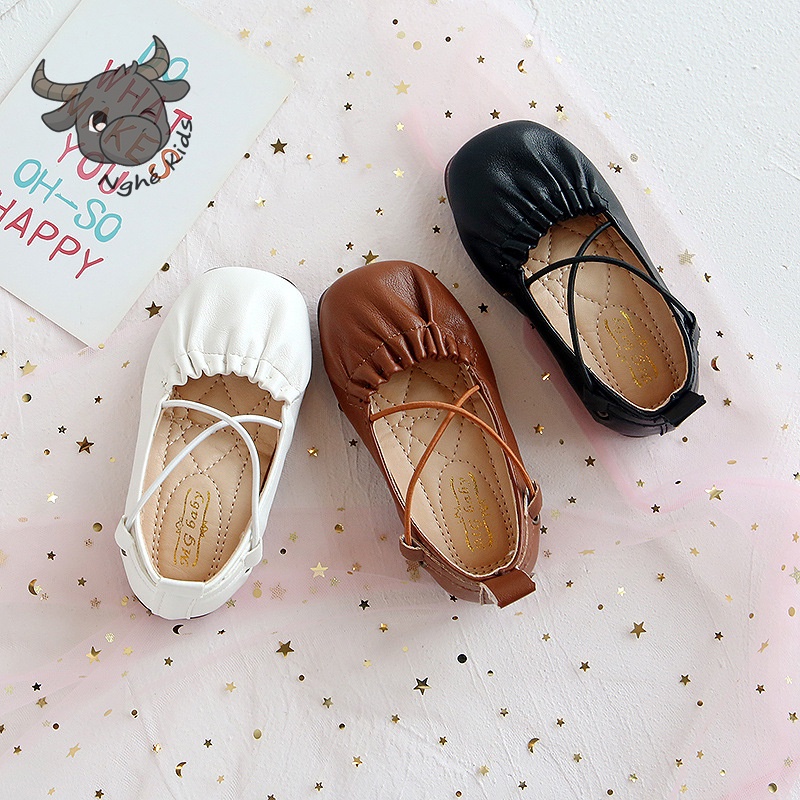 Giày búp bê phong cách hàn quốc cho bé gái Giày da PU đế mềm có dây đan chéo co giãn