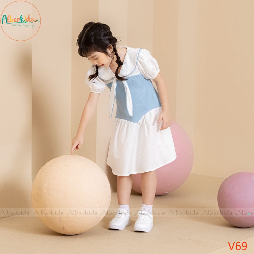 Váy bé gái ALBERKIDS cổ phối nơ cho trẻ em 2,3,4,5,6,7,8,9,10,11,12 tuổi