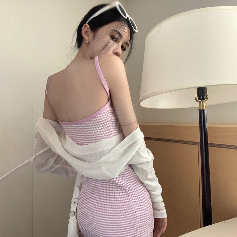 Đầm Hai Dây Kẻ Sọc Hở Lưng Gợi Cảm Phong Cách Hàn Quốc Cho Nữ