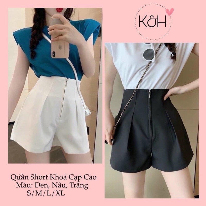 Quần short vải cạp cao khoá giữa