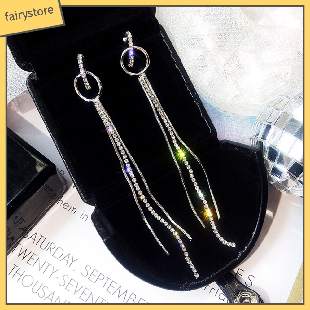 Hoa tai dây tua dài hình tròn dạng thả đính đá cho nữ